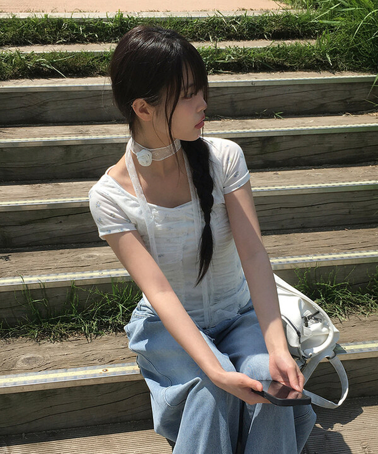 フラワーシャーリング半袖Tシャツ WHITE