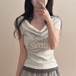 半袖Tシャツ サイドシャーリングレタリング半袖Tシャツ WHITE
