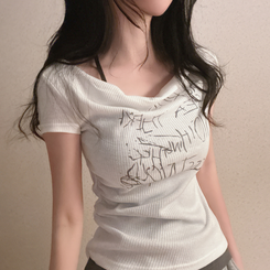 半袖Tシャツ サイドシャーリングレタリング半袖Tシャツ WHITE