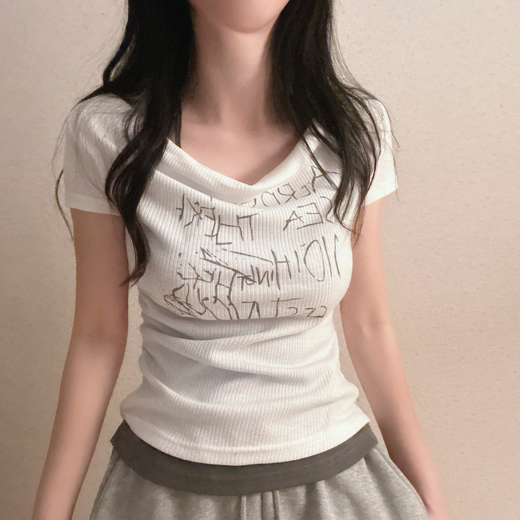サイドシャーリングレタリング半袖Tシャツ WHITE