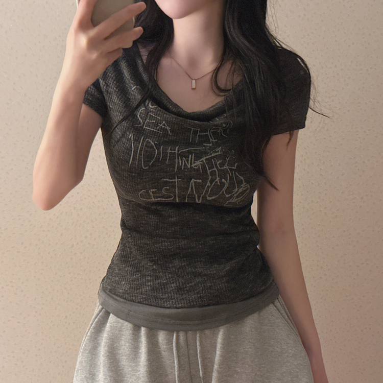 サイドシャーリングレタリング半袖Tシャツ CHARCOAL