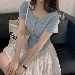 半袖Tシャツ サイドシャーリングクロップカーディガンTシャツ SKY BLUE