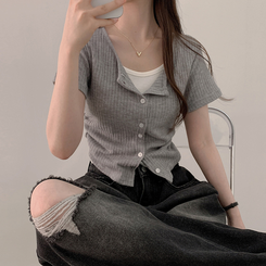 半袖Tシャツ サイドシャーリングクロップカーディガンTシャツ GREY