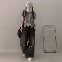 半袖Tシャツ サイドシャーリングクロップカーディガンTシャツ GREY