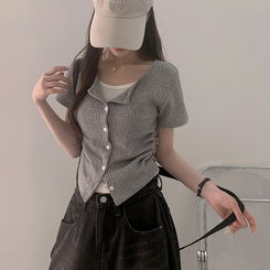 半袖Tシャツ サイドシャーリングクロップカーディガンTシャツ GREY