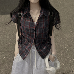 [핏예술/시원해요] 허리셔링 리본스트링 크롭 여름 반팔 시스루 체크셔츠 남방 네이비