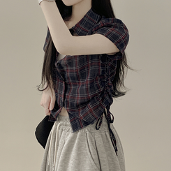 [핏예술/시원해요] 허리셔링 리본스트링 크롭 여름 반팔 시스루 체크셔츠 남방 네이비