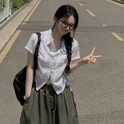 [핏예술/시원해요] 허리셔링 리본스트링 크롭 여름 반팔 시스루 체크셔츠 남방 아이보리