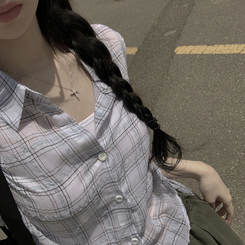 [핏예술/시원해요] 허리셔링 리본스트링 크롭 여름 반팔 시스루 체크셔츠 남방 아이보리