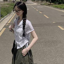 [핏예술/시원해요] 허리셔링 리본스트링 크롭 여름 반팔 시스루 체크셔츠 남방 아이보리