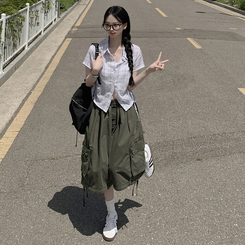 [핏예술/시원해요] 허리셔링 리본스트링 크롭 여름 반팔 시스루 체크셔츠 남방 아이보리