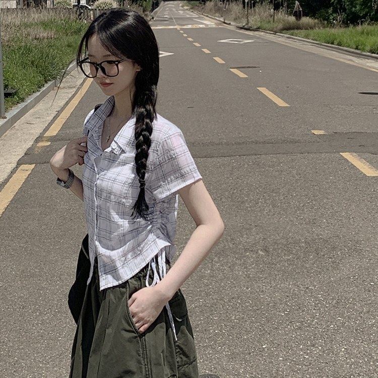 [핏예술/시원해요] 허리셔링 리본스트링 크롭 여름 반팔 시스루 체크셔츠 남방 아이보리