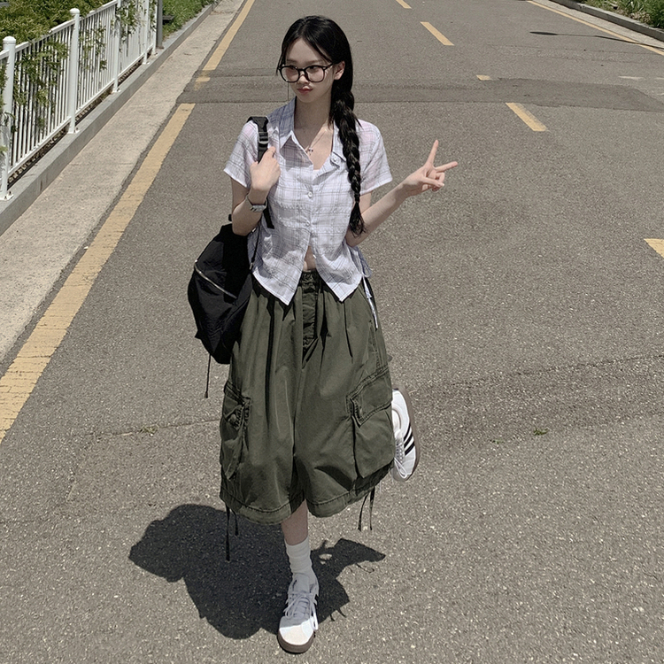 [핏예술/시원해요] 허리셔링 리본스트링 크롭 여름 반팔 시스루 체크셔츠 남방 아이보리