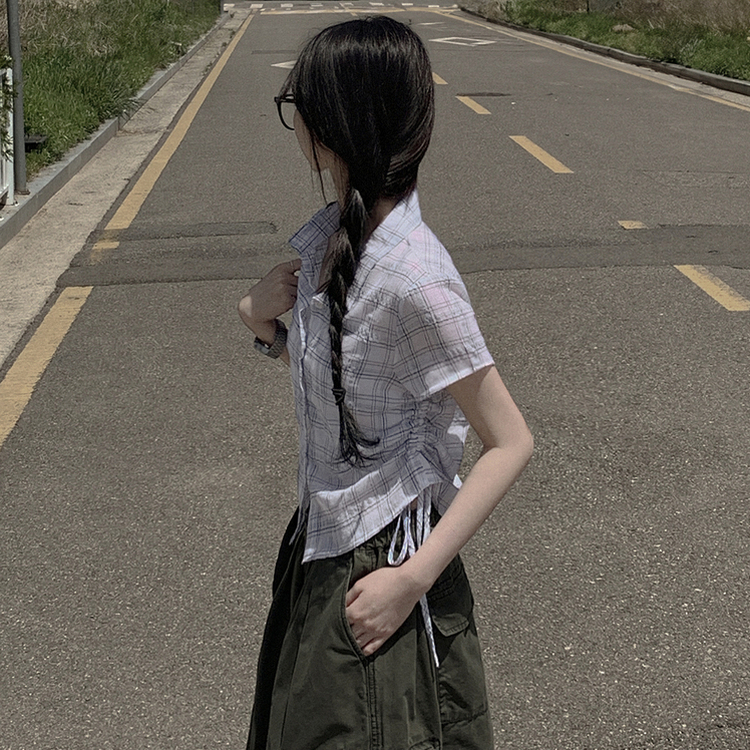[핏예술/시원해요] 허리셔링 리본스트링 크롭 여름 반팔 시스루 체크셔츠 남방 아이보리