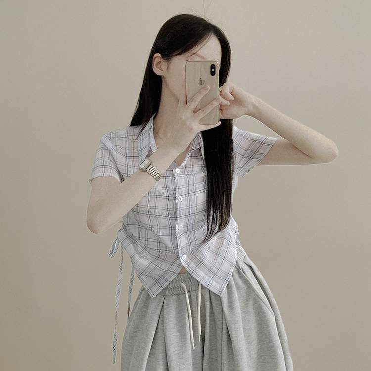 [핏예술/시원해요] 허리셔링 리본스트링 크롭 여름 반팔 시스루 체크셔츠 남방 아이보리