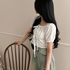 ブラウス リボンピンタック半袖ブラウス WHITE