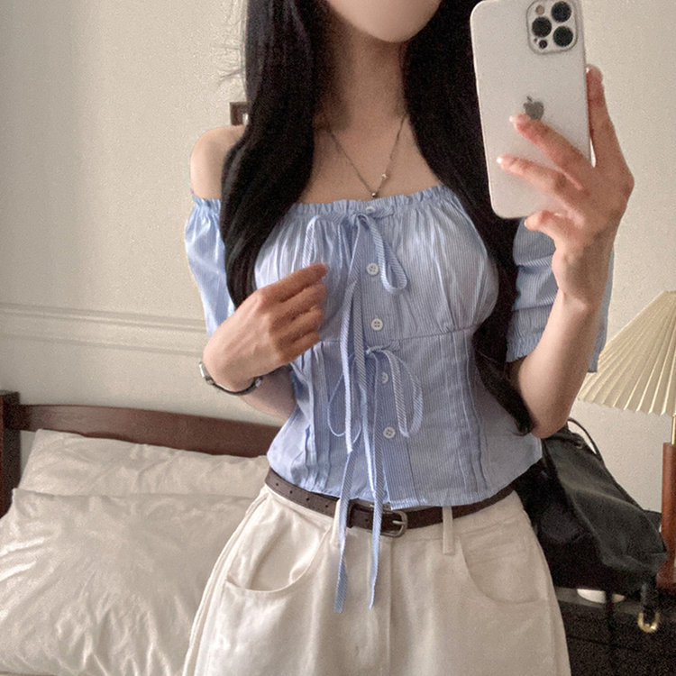 リボンピンタック半袖ブラウス SKY BLUE