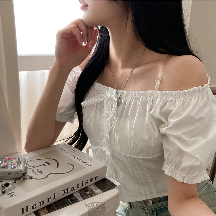 リボンピンタック半袖ブラウス WHITE