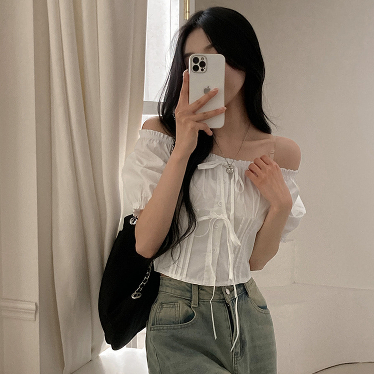 リボンピンタック半袖ブラウス WHITE