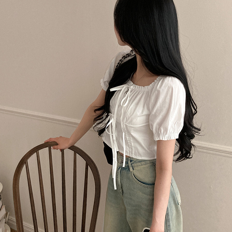 リボンピンタック半袖ブラウス WHITE
