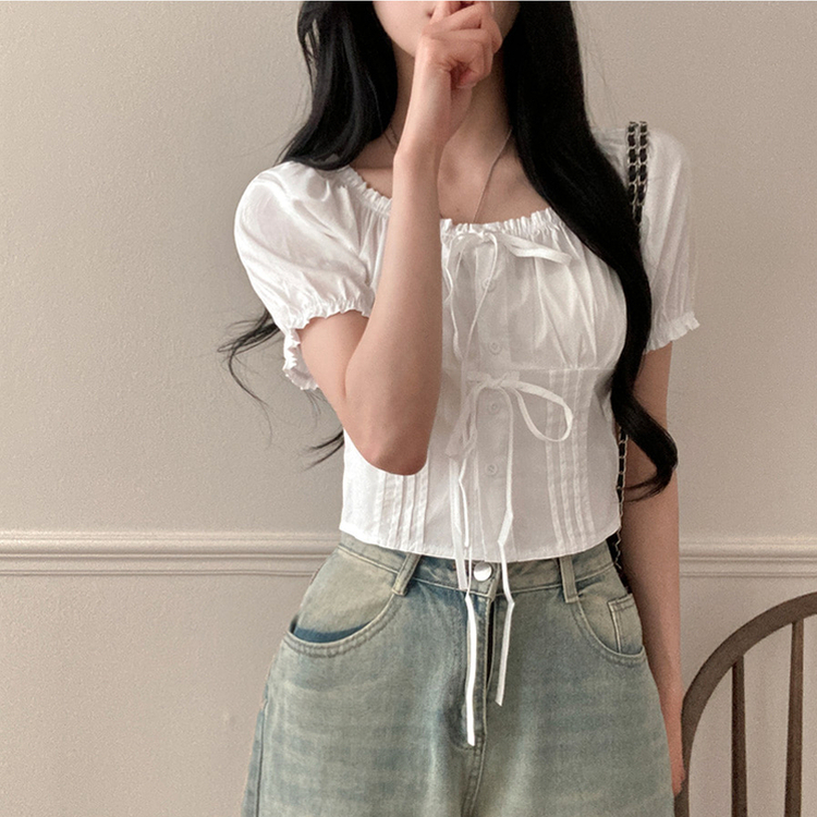 リボンピンタック半袖ブラウス WHITE