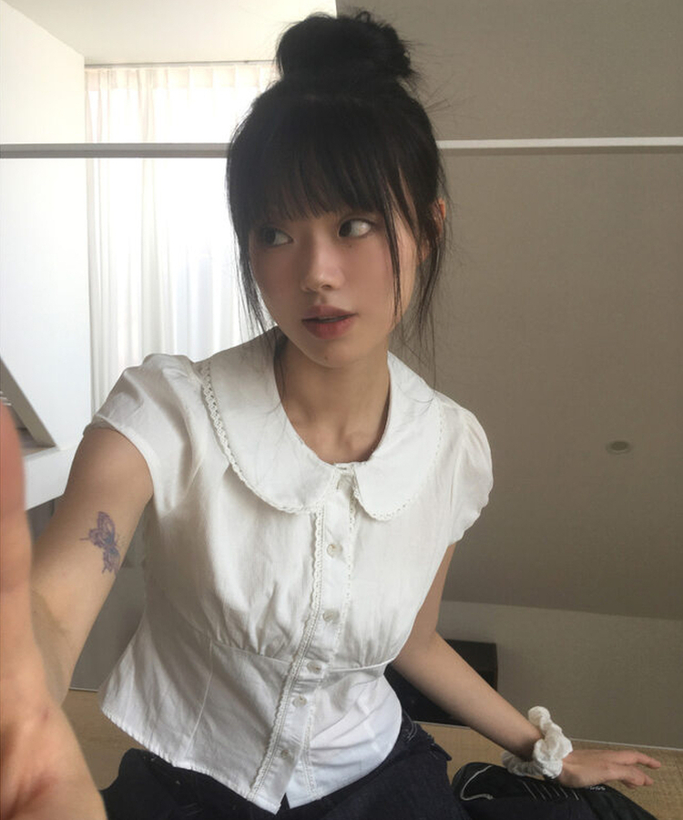 レースラウンド半袖ブラウス WHITE