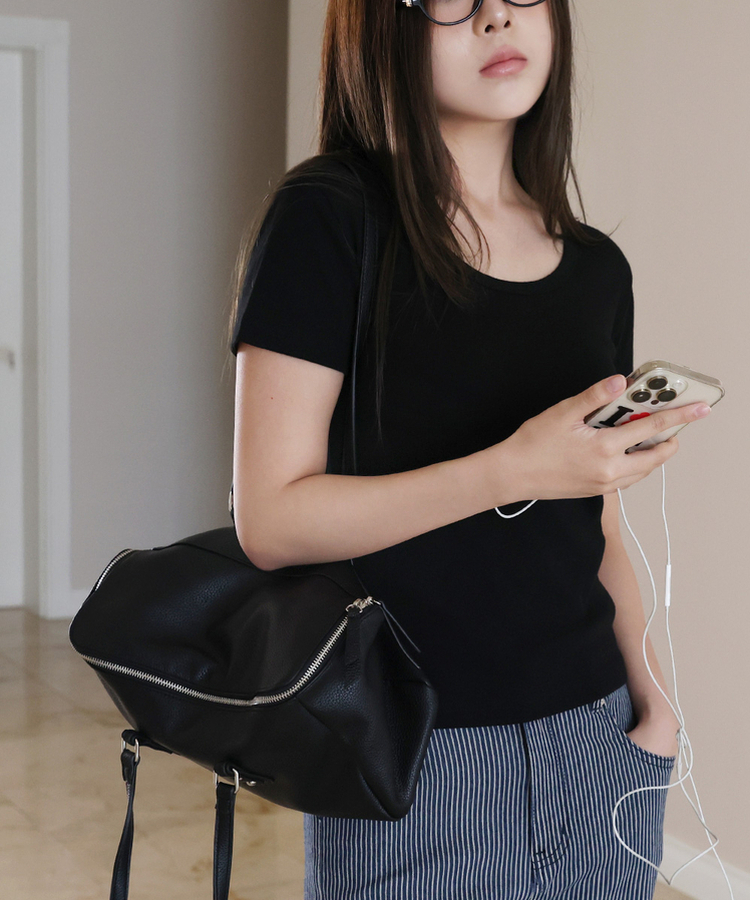 コットンUネック半袖Tシャツ BLACK