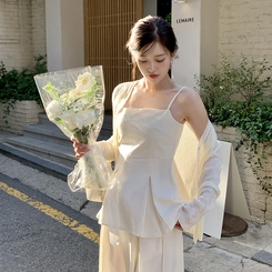 ノースリーブ (ノースリーブ+パンツセット/夏のコスパアイテム)アレ ペプラム スモックノースリーブ ワイドバンドパンツ セットアップ CREAM