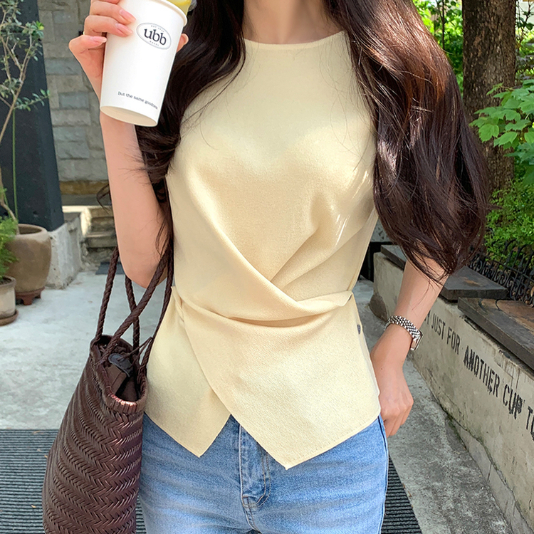 （脇肉カバー／洗練美♥）メロ ラウンドネック ツーボタン ラップドレープ キャップスリーブ ニット YELLOW