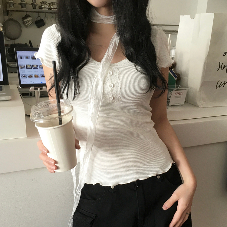 【タイ付き】レース半袖Tシャツ WHITE