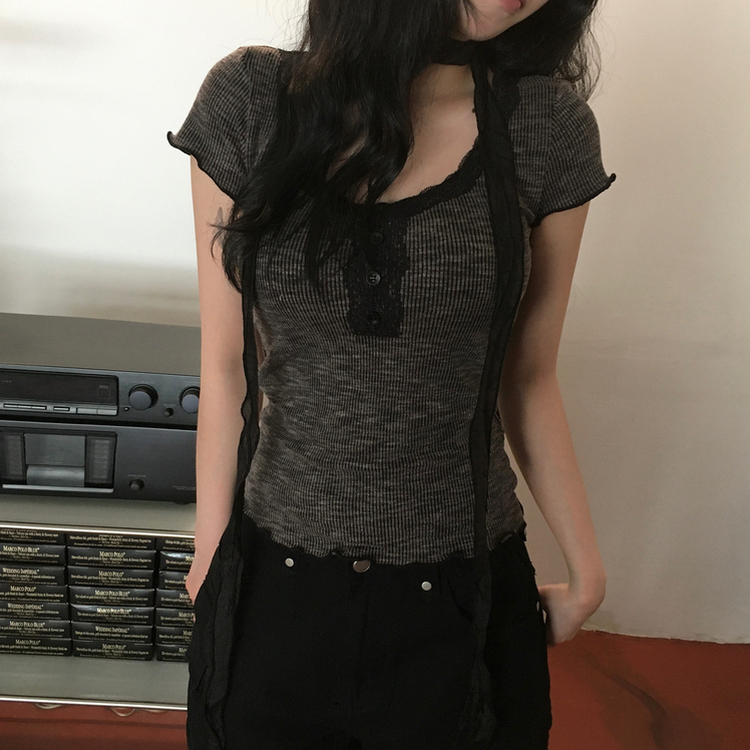 【タイ付き】レース半袖Tシャツ BLACK
