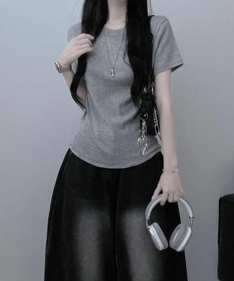 라운드체형커버여유핏반팔티셔츠 회색