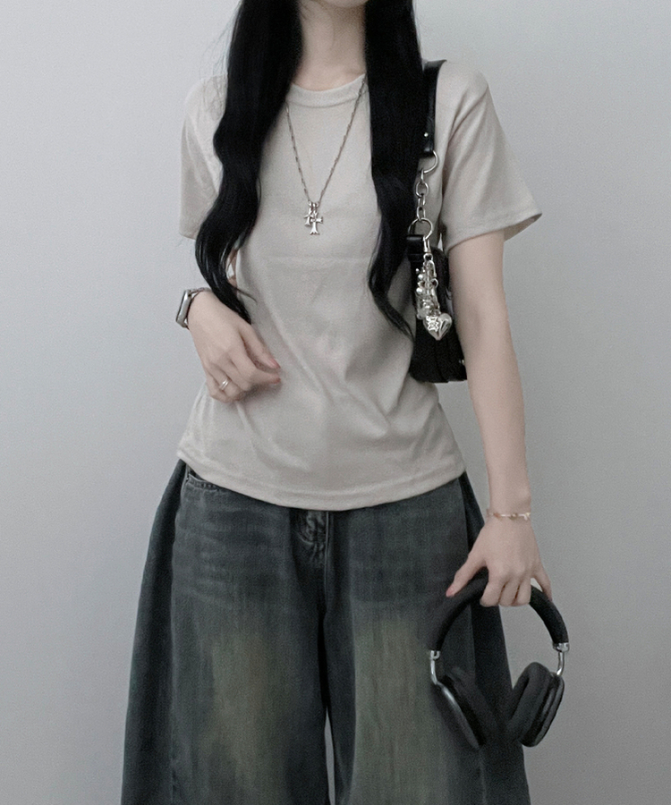 라운드체형커버여유핏반팔티셔츠 베이지