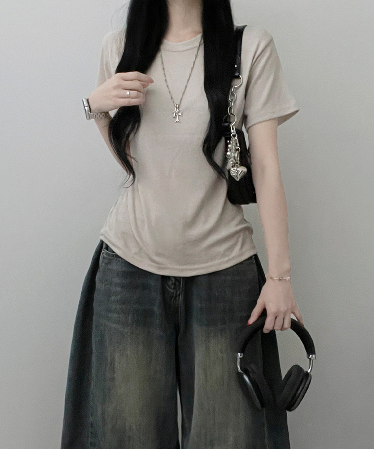 라운드체형커버여유핏반팔티셔츠 베이지