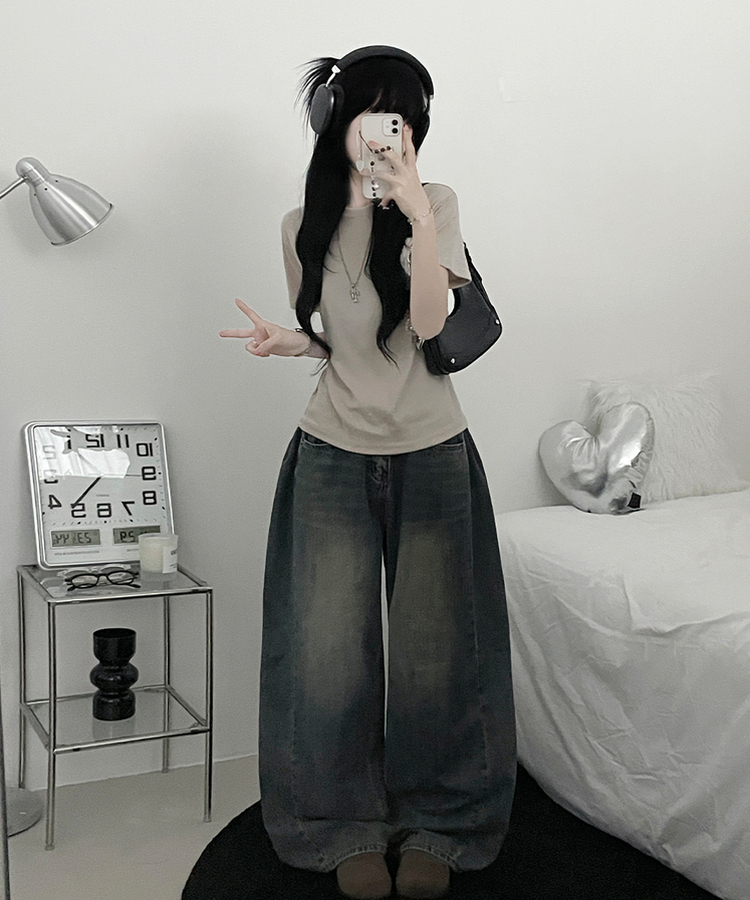 라운드체형커버여유핏반팔티셔츠 베이지