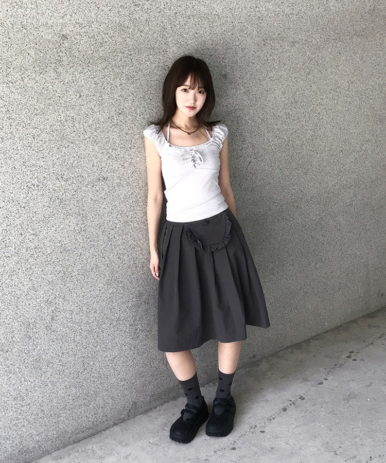 【ミニバッグ ベルト付き】フレアナイロンロングスカート CHARCOAL