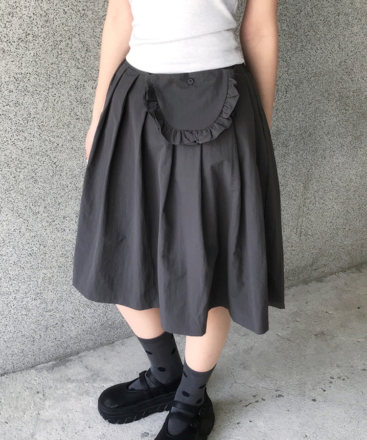 【ミニバッグ ベルト付き】フレアナイロンロングスカート CHARCOAL