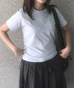 半袖Tシャツ フラワーラウンドセミクロップ半袖Tシャツ(5color) SKY BLUE