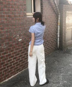 シャーリングセミクロップブラウス(5color) STRIPE BLUE