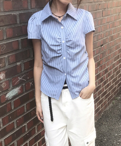 シャーリングセミクロップブラウス(5color) STRIPE BLUE