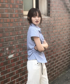 シャーリングセミクロップブラウス(5color) STRIPE BLUE