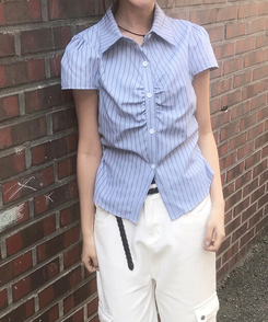 シャーリングセミクロップブラウス(5color) STRIPE BLUE