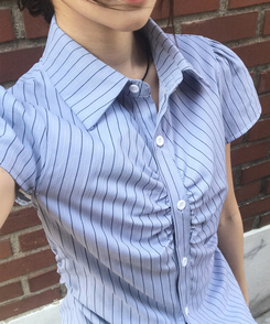 シャーリングセミクロップブラウス(5color) STRIPE BLUE