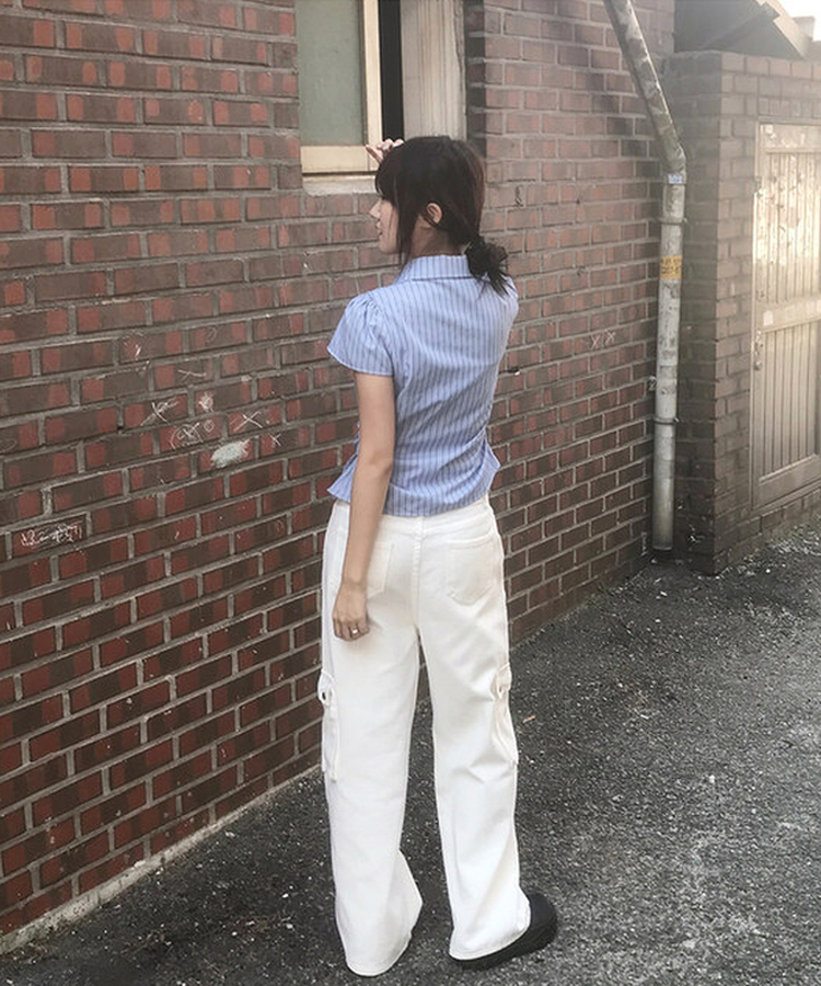 シャーリングセミクロップブラウス(5color) STRIPE BLUE