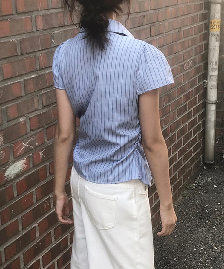 シャーリングセミクロップブラウス(5color) STRIPE BLUE
