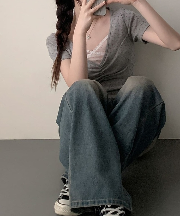 フラワーVネックシャーリング半袖Tシャツ GREY