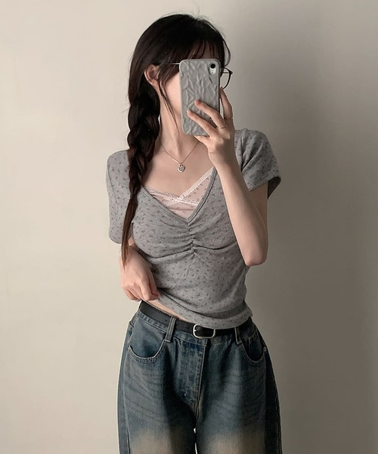 フラワーVネックシャーリング半袖Tシャツ GREY