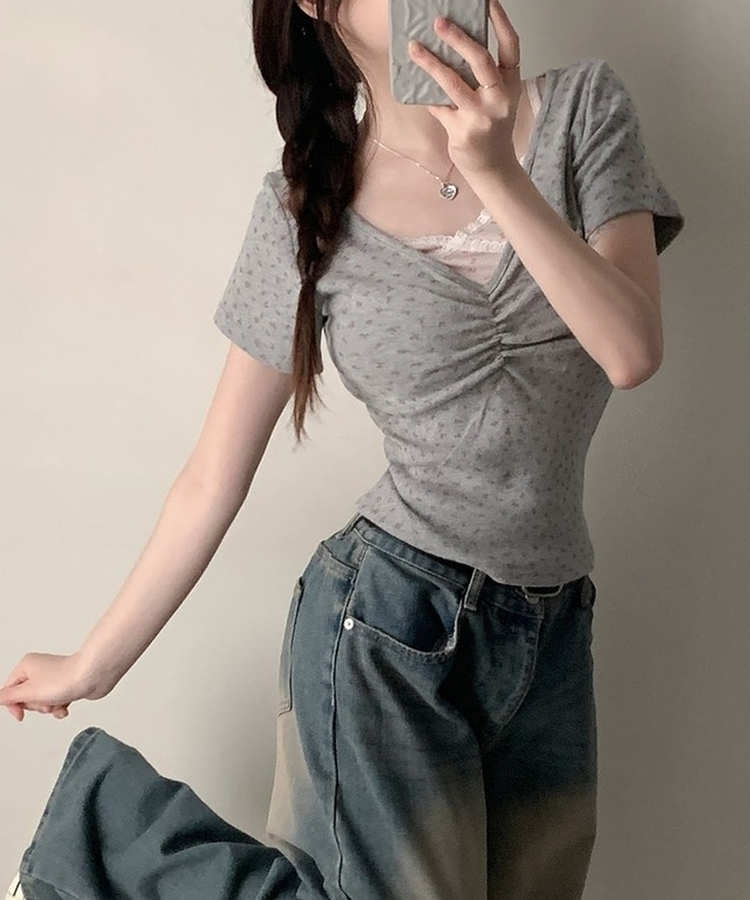 フラワーVネックシャーリング半袖Tシャツ GREY