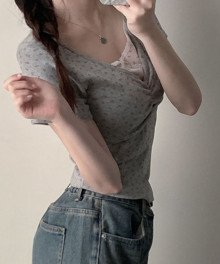 フラワーVネックシャーリング半袖Tシャツ GREY
