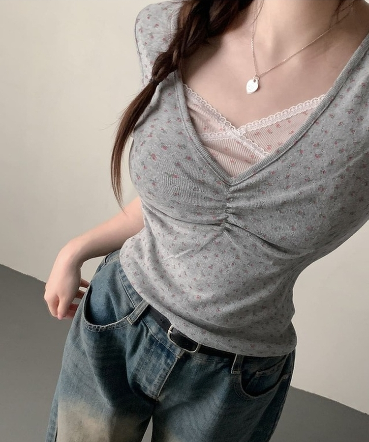 フラワーVネックシャーリング半袖Tシャツ GREY